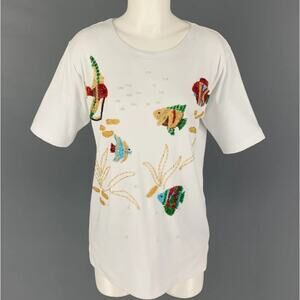 BOB MACKIE Size S White Polyester Cotton Beaded Fish Short Sleeve T-Shirt
